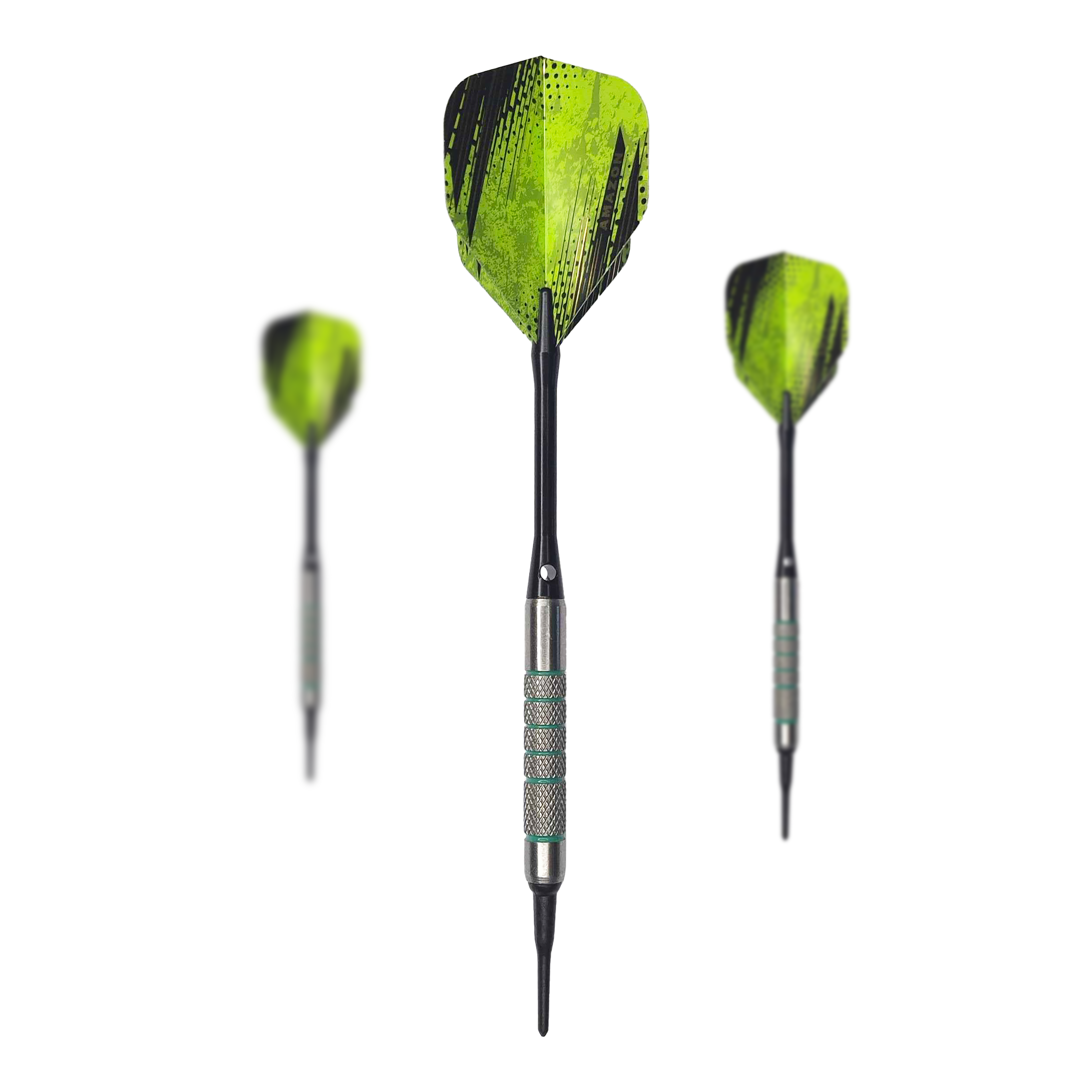 Das Bild zeigt drei McDart 85er Tungsten V7 Softdarts mit einem Gewicht von 16,5g. Die Darts haben grün-schwarze Flights und silberne Griffe.